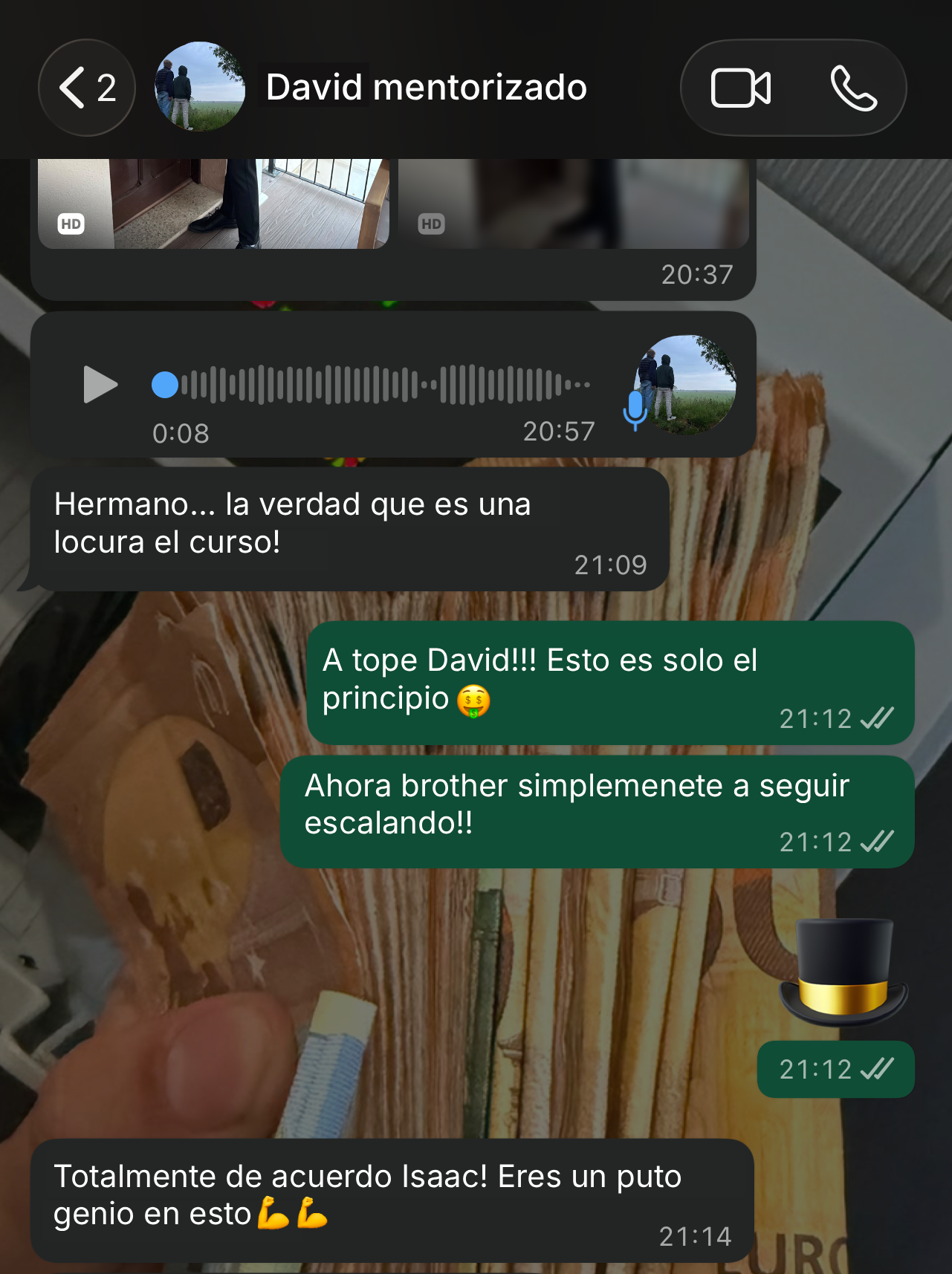 David, alumno mentorizado, agradeciendo el curso tras conseguir su primera renta