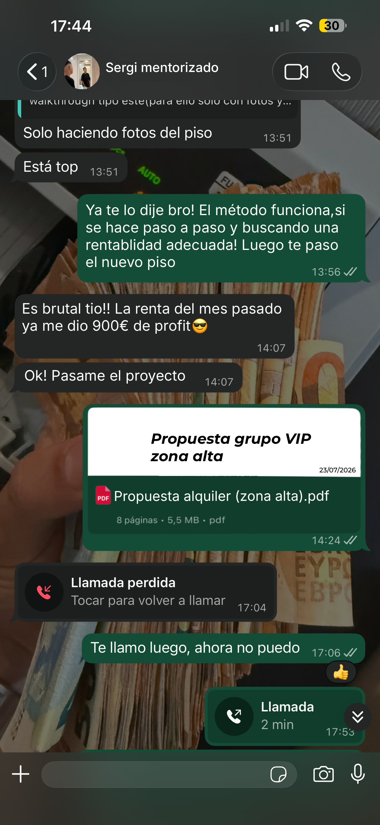 Sergi, alumno mentorizado, compartiendo que su renta le dejó 900€ de profit