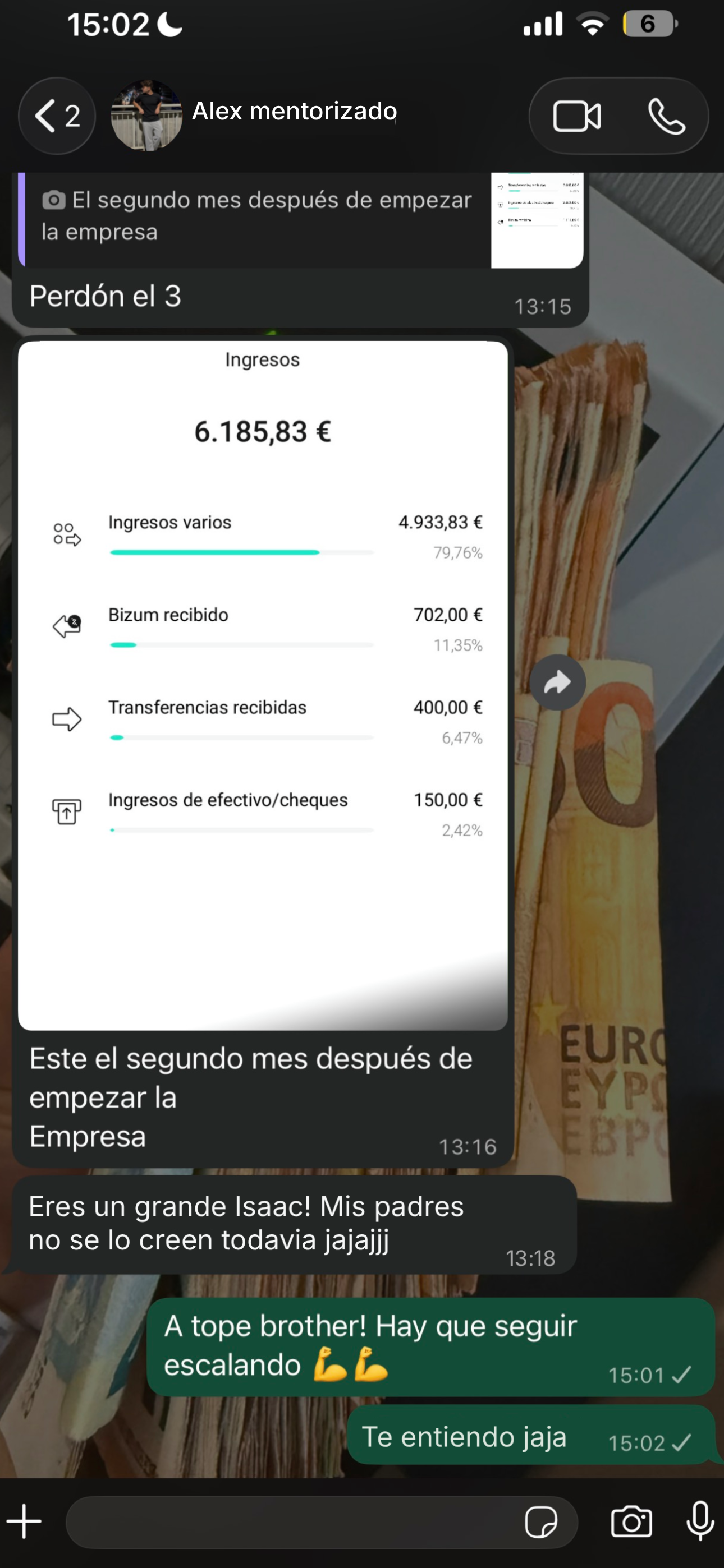 Alex, alumno mentorizado, compartiendo 6.185,83€ de ingresos en su segundo mes tras empezar